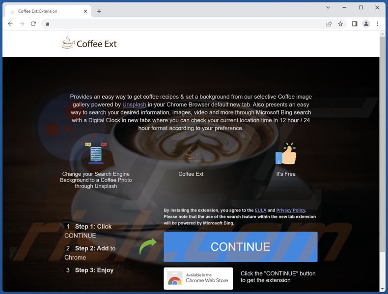 Website used to promote Coffee Ext browser hijacker