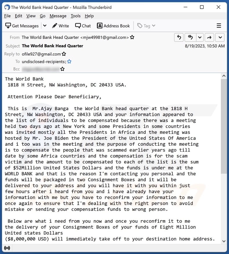 Compensation For People Scammed by African Countries email spam campaign