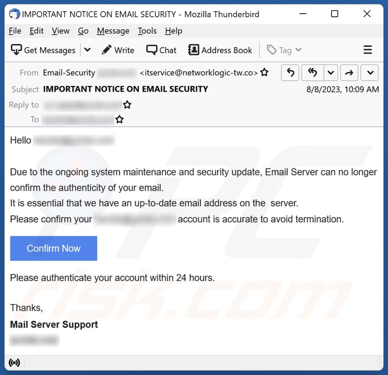 Confirm Account To Avoid Termination email spam campaign