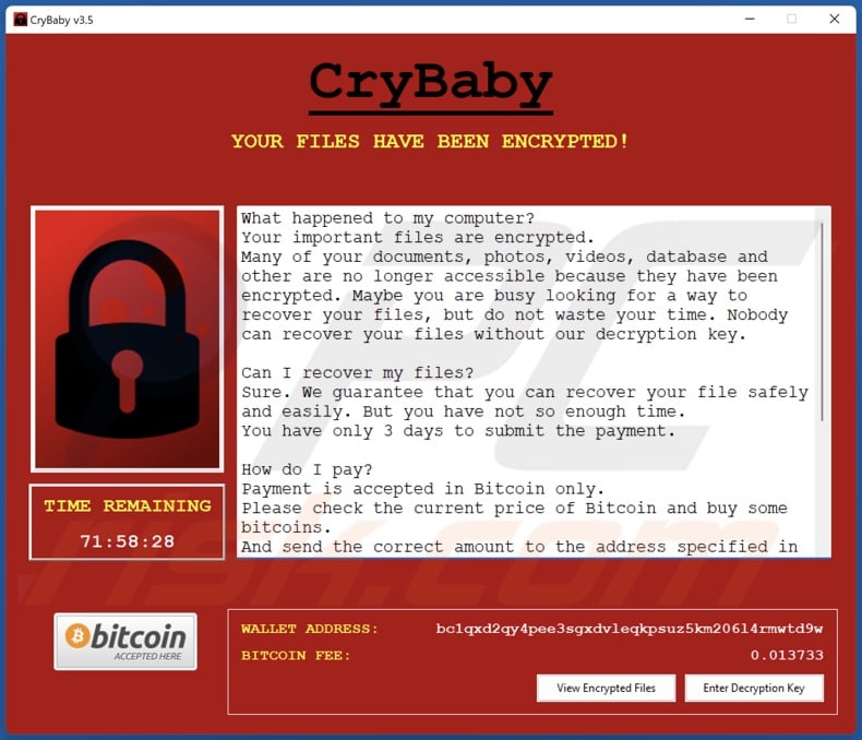 CryBaby ransomware ransom note (pop-up)