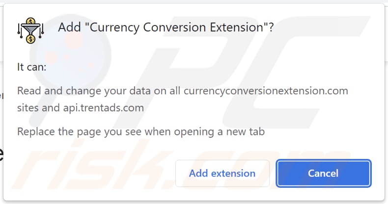Currency Conversion Extension browser hijacker asking for permissions