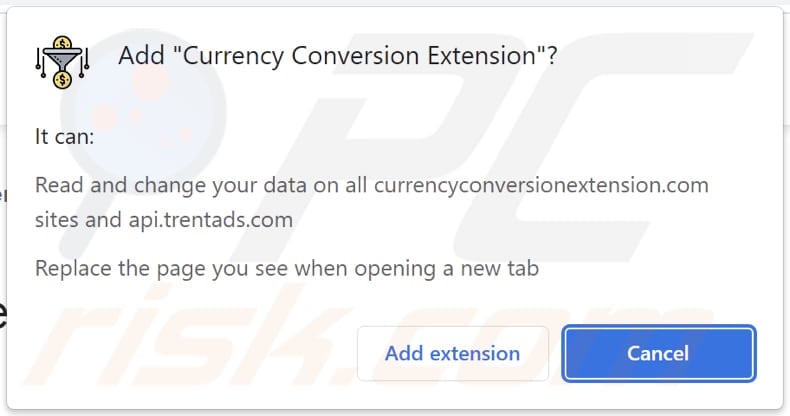 Currency Conversion Extension browser hijacker asking for permissions