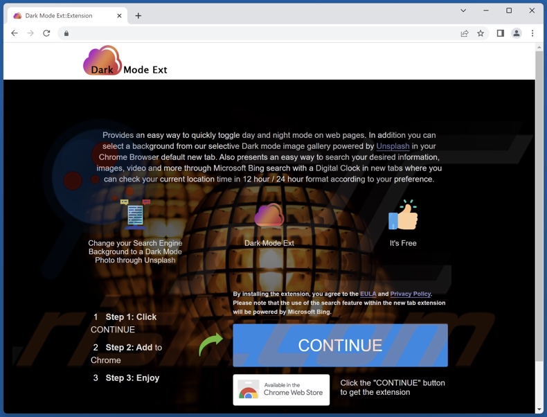 Website used to promote Dark Mode Ext browser hijacker