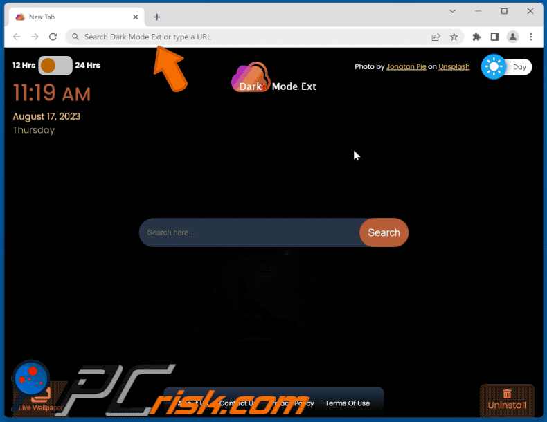 Dark Mode Ext browser hijacker redirecting to Bing (GIF)