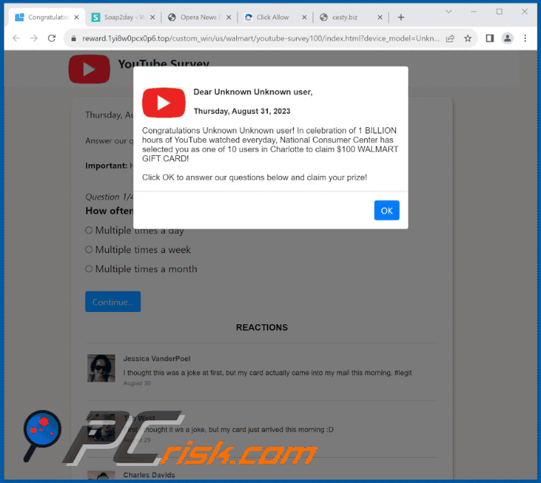 Appearance of Dear YouTube user, Congratulations! pop-up scam (2023-08-31)