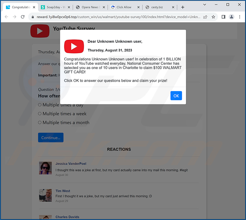 Dear YouTube user, Congratulations! pop-up scam (2023-08-31)