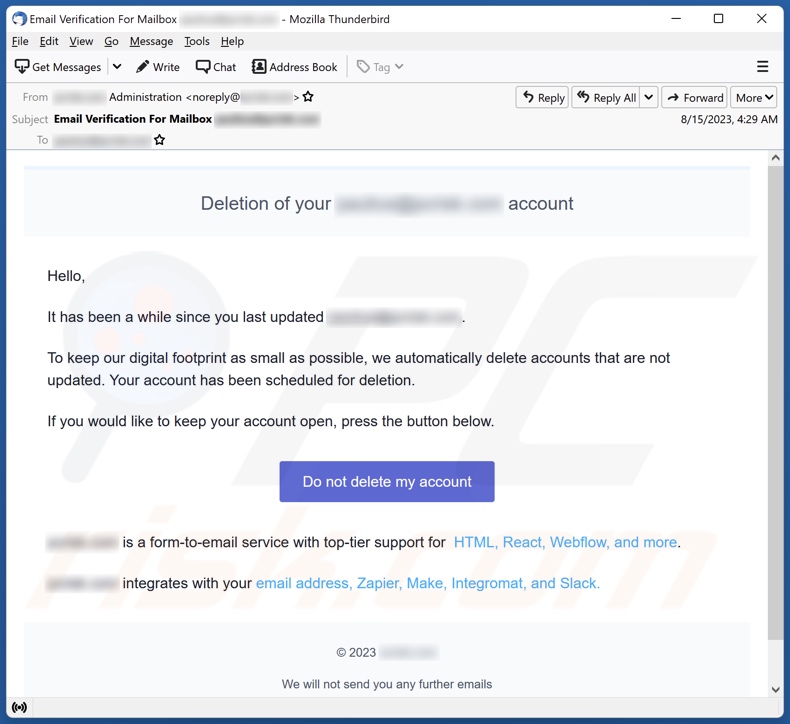 Deletion Of Your Account email spam campaign