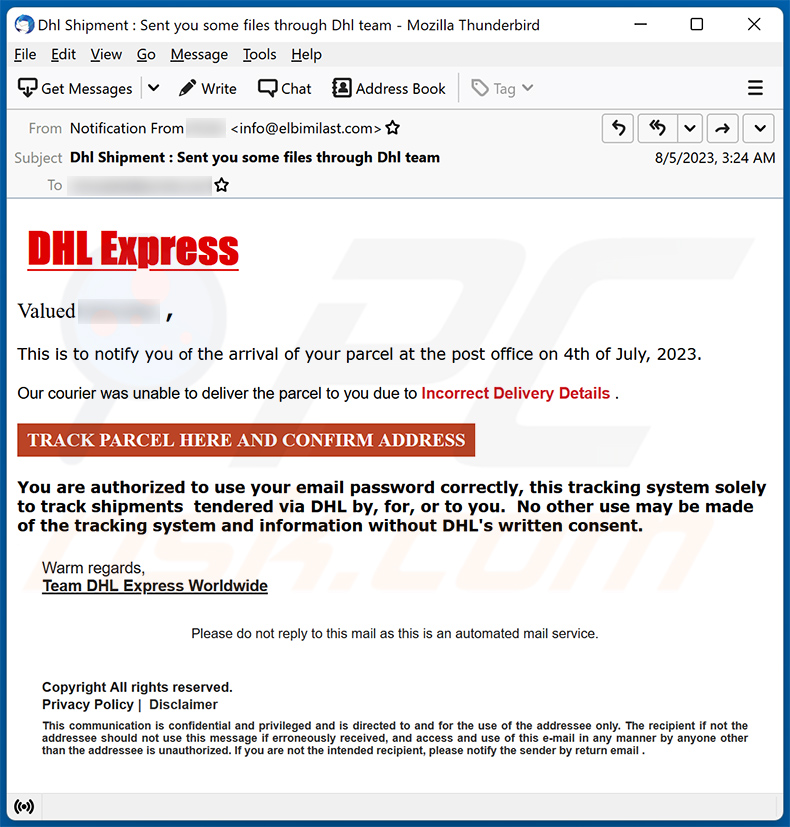 DHL NOTICE OF ARRIVAL spam email (2023-08-11)