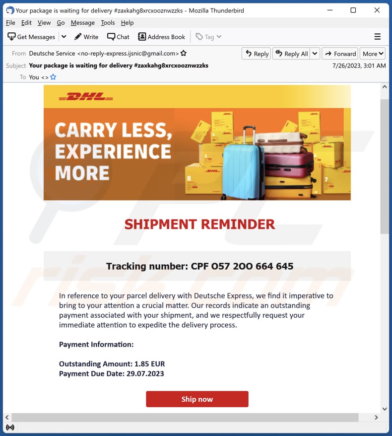 DHL SHIPMENT REMINDER email spam campaign