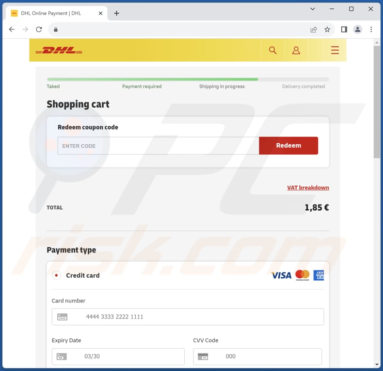 DHL shipment reminder email scam phishing page
