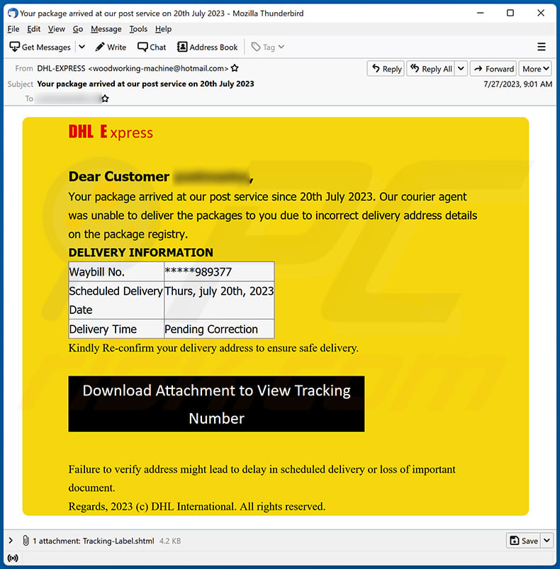 DHL - Your Parcel Delivery Arrived Today email scam (2023-08-01)