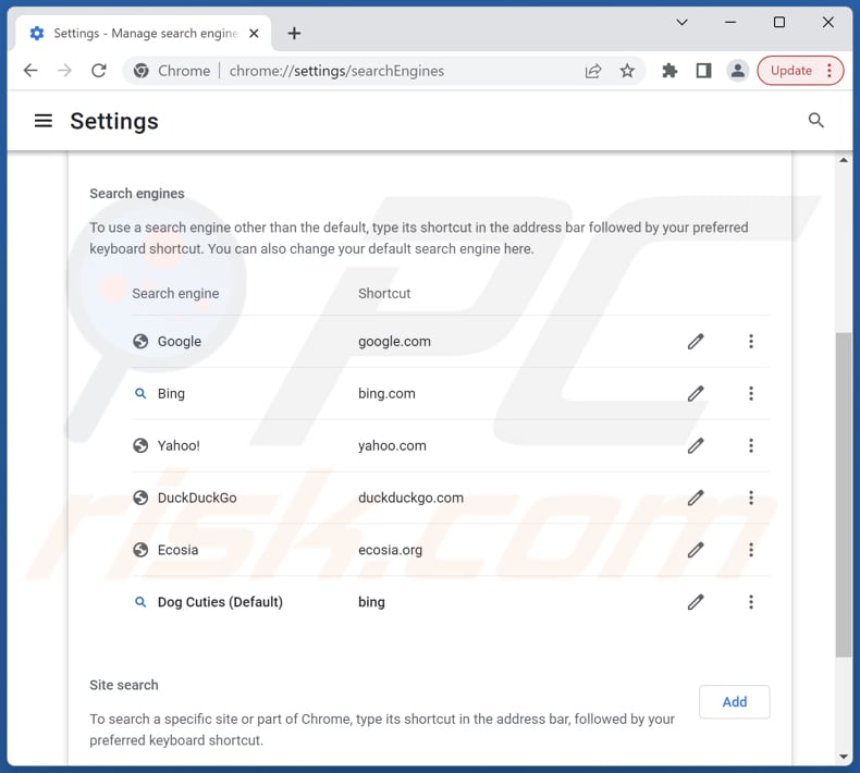 Removing dogcuties.com from Google Chrome default search engine