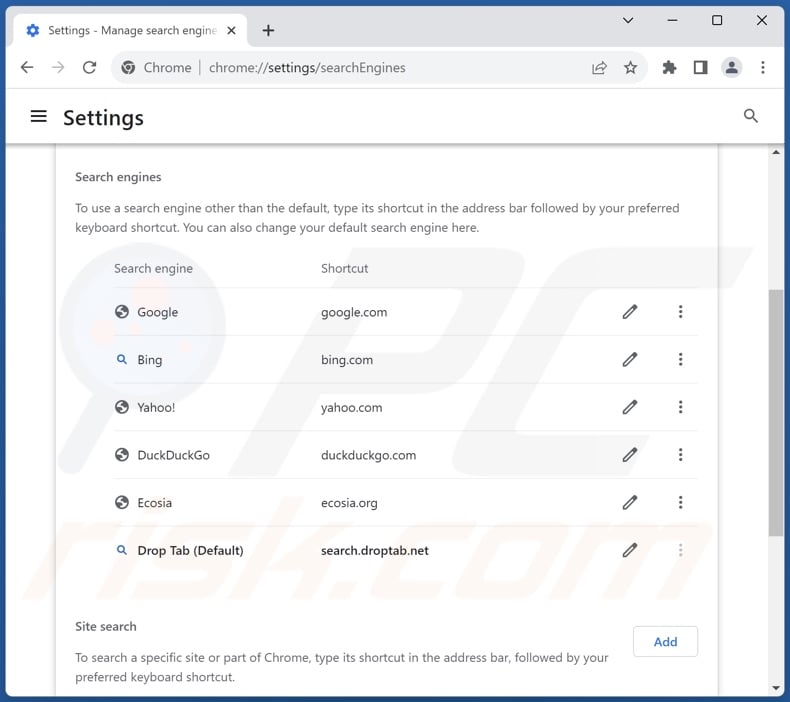 Removing search.droptab.net from Google Chrome default search engine