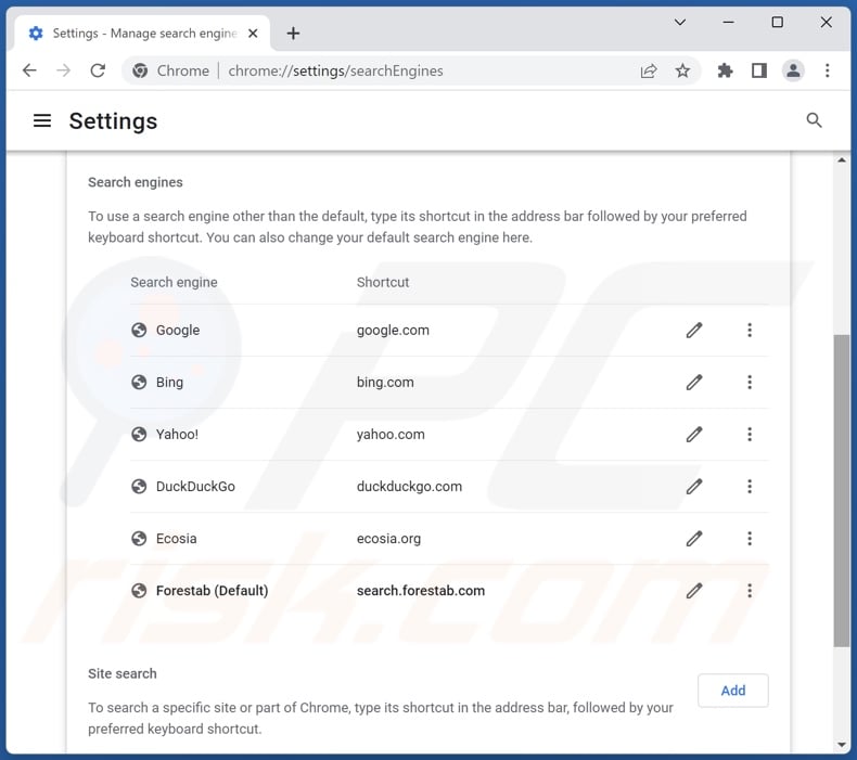 Removing search.forestab.com from Google Chrome default search engine