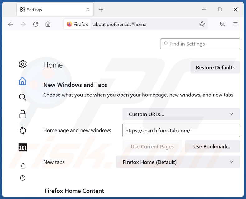 Removing search.forestab.com from Mozilla Firefox homepage