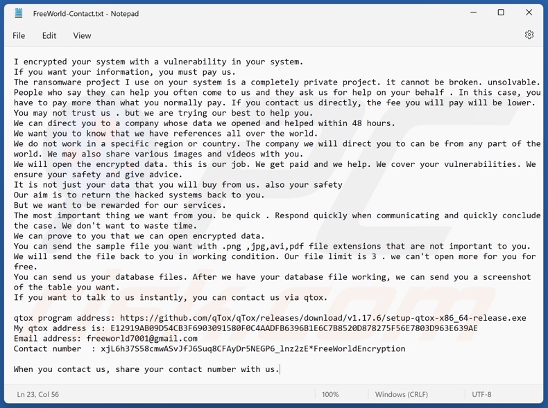 FreeWorld ransomware ransom note (FreeWorld-Contact.txt)