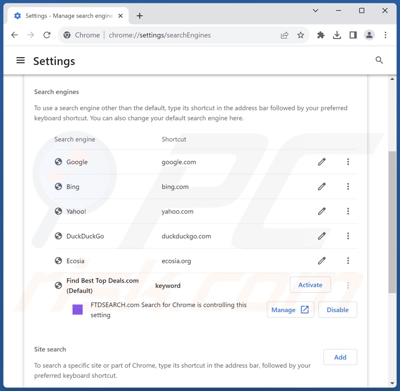 Removing ftdsearch.com from Google Chrome default search engine