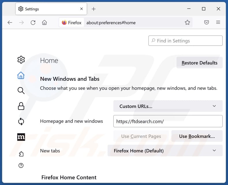 Removing ftdsearch.com from Mozilla Firefox homepage