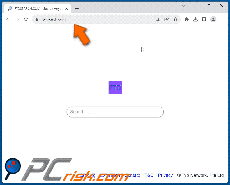 Ftdsearch.com browser hijacker redirecting to Bing (GIF)