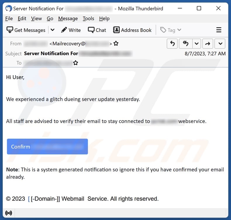 Glitch Dueing Server Update email spam campaign