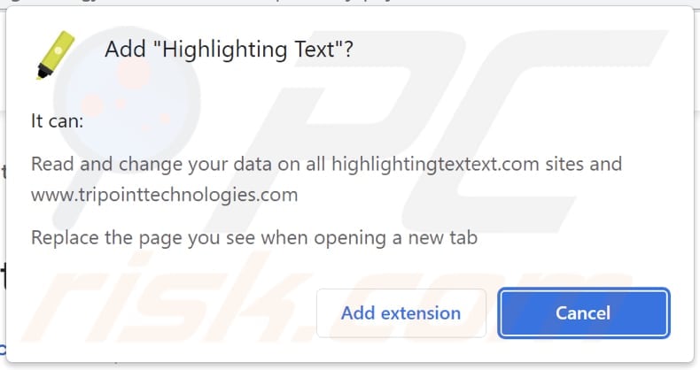 Highlighting Text browser hijacker asking for permissions