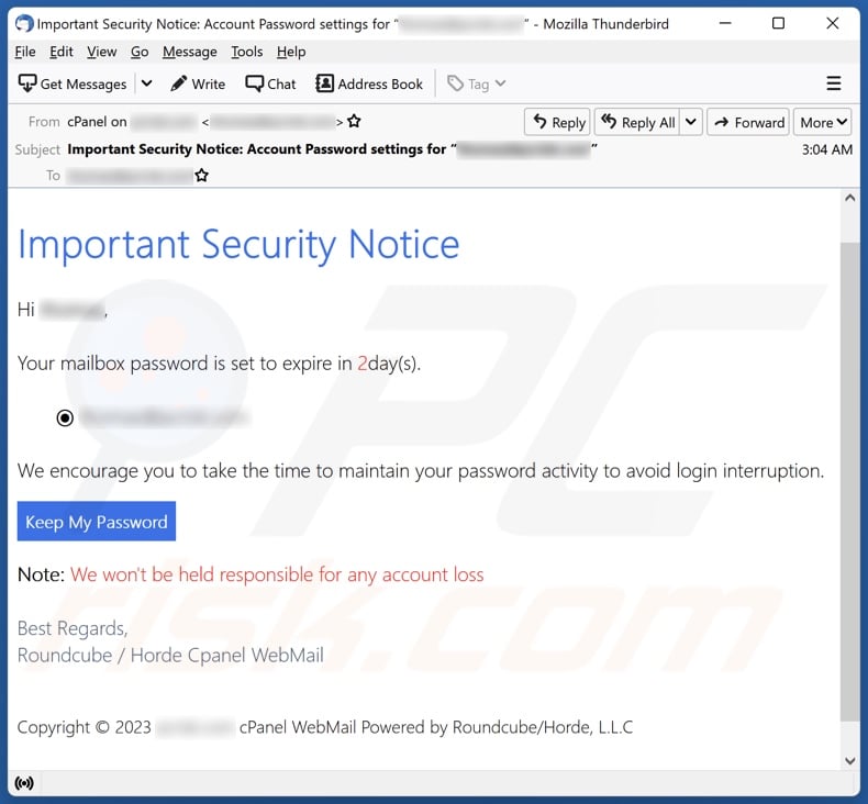 Important Security Notice email spam campaign