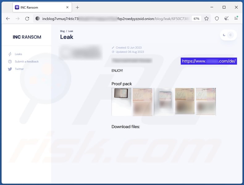 INC ransomware website used for leaking stolen data