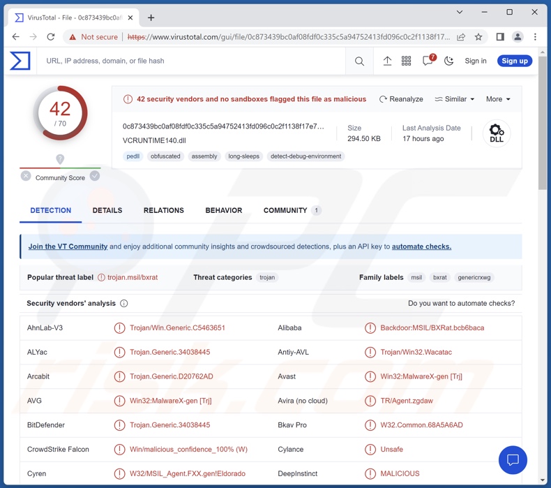 JanelaRAT malware detections on VirusTotal