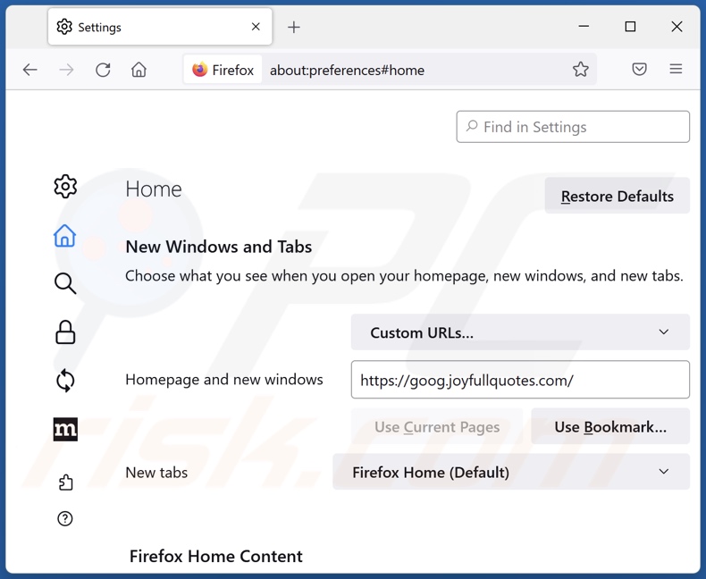 Removing goog.joyfullquotes.com from Mozilla Firefox homepage