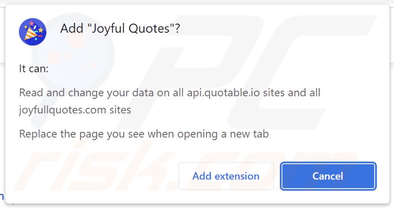 Joyful Quotes browser hijacker asking for permissions