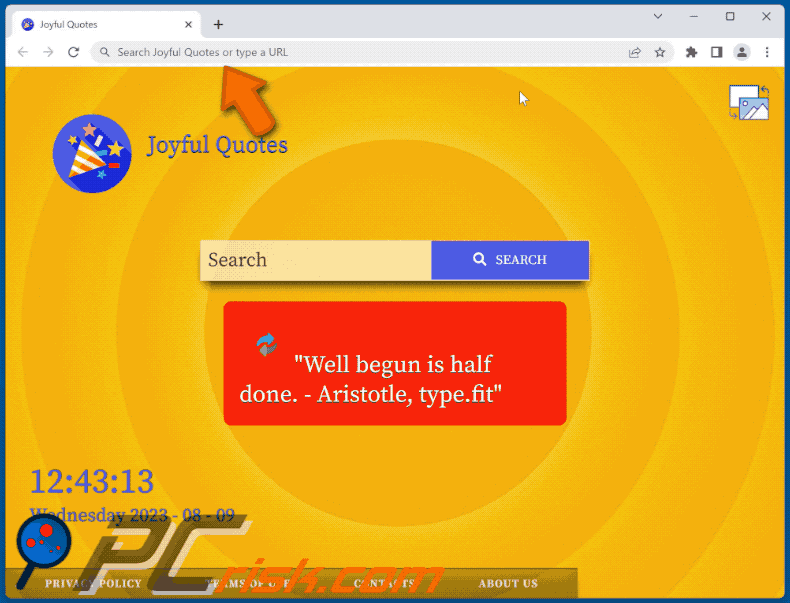 Joyful Quotes browser hijacker redirecting to Bing (GIF)