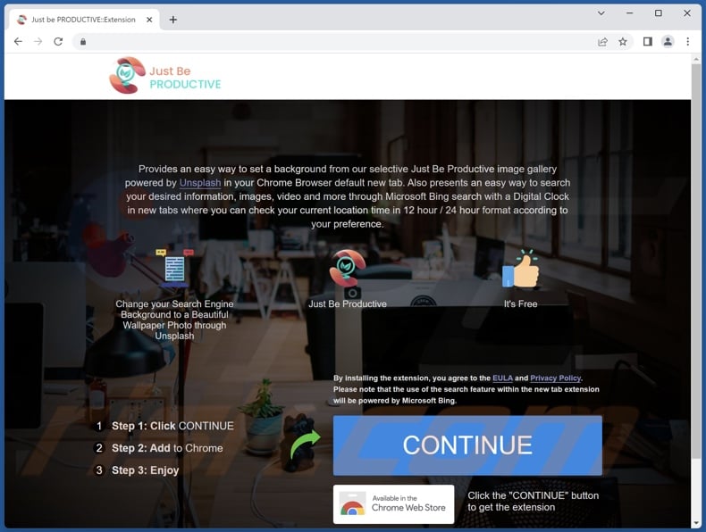 Website used to promote Just Be Productive browser hijacker