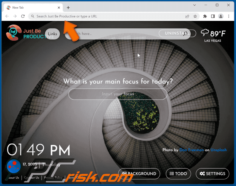 Just Be Productive browser hijacker redirecting to Bing (GIF)