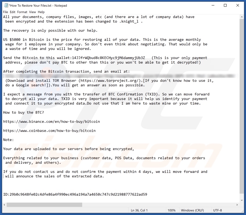 Knight ransomware ransom note (How To Restore Your Files.txt)