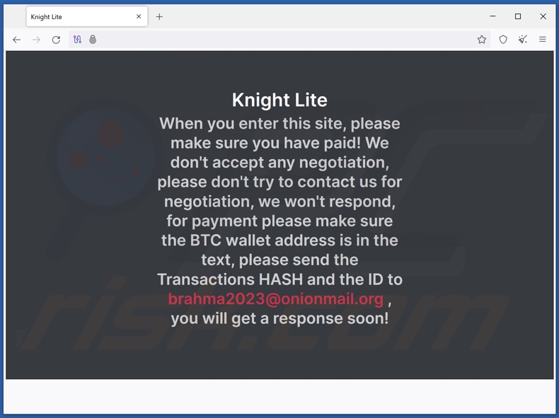Knight ransomware Tor website