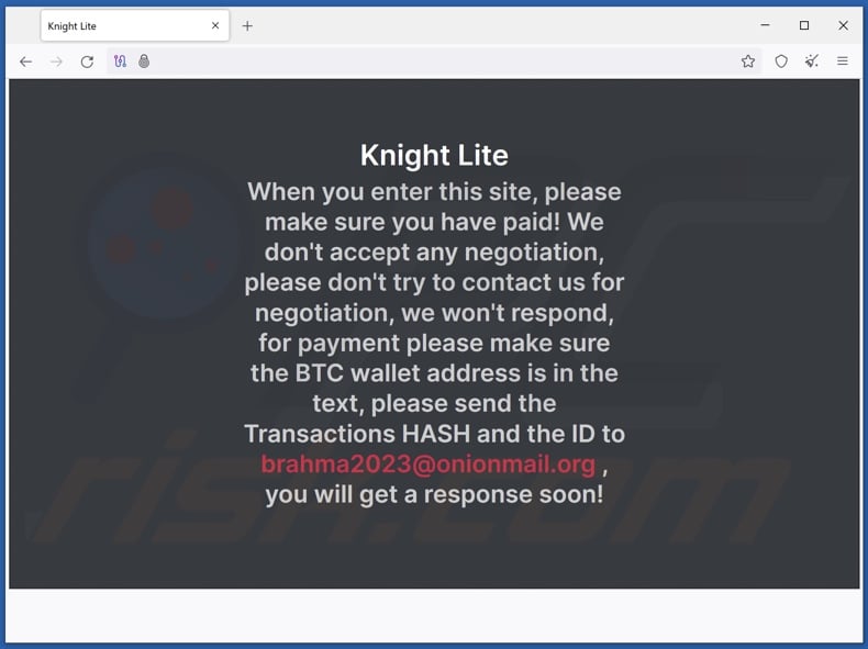 Knight ransomware Tor website