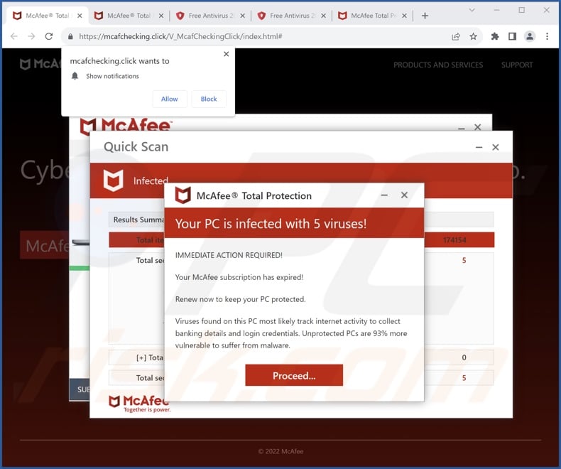 mcafchecking[.]click pop-up redirects