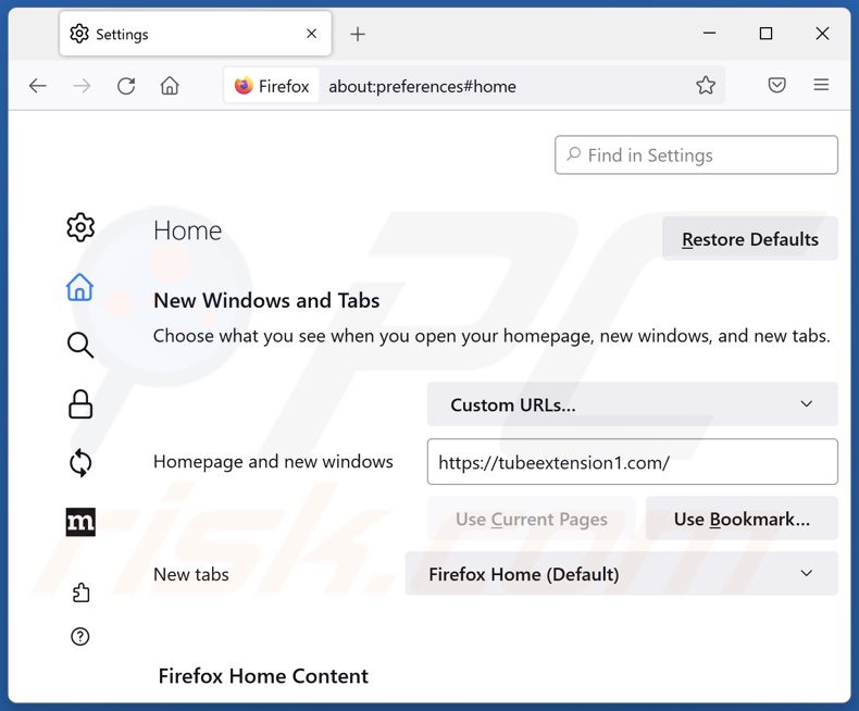 Removing tubeextension1.com from Mozilla Firefox homepage