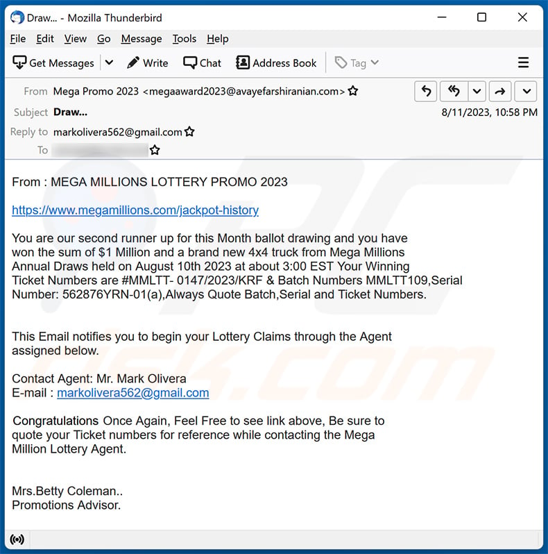 Mega Millions International Lottery email scam (2023-08-15)
