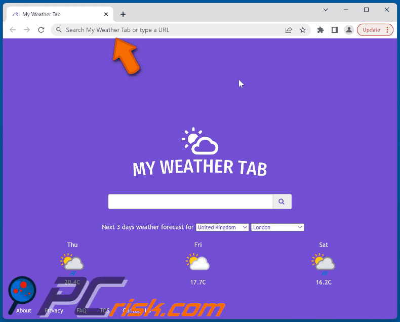 My Weather Tab browser hijacker redirecting to Bing (GIF)
