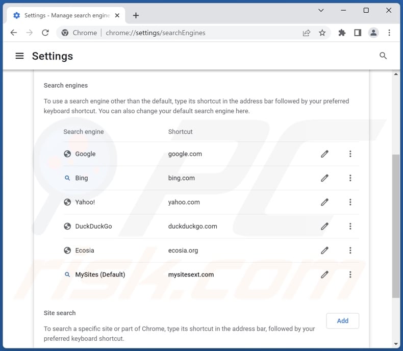 Removing goog.mysitesext.com from Google Chrome default search engine