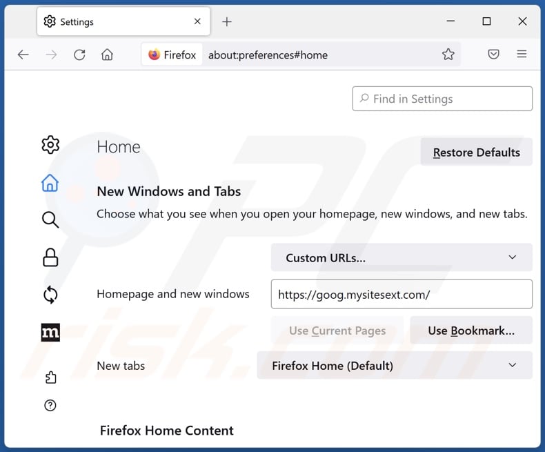 Removing goog.mysitesext.com from Mozilla Firefox homepage