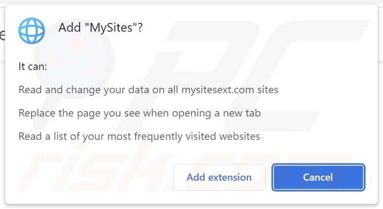 MySites browser hijacker asking for permissions