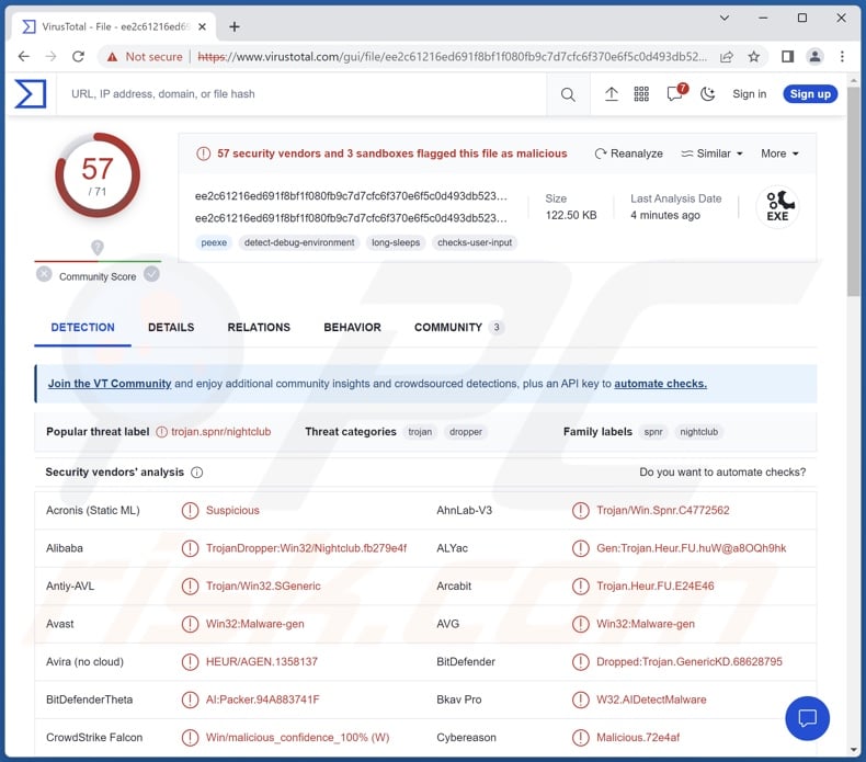 NightClub malware detections on VirusTotal