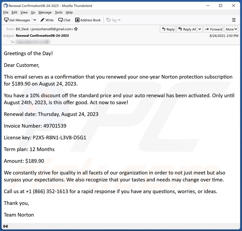 Norton Subscription Renewal Confirmation Email Scam - Removal and ...