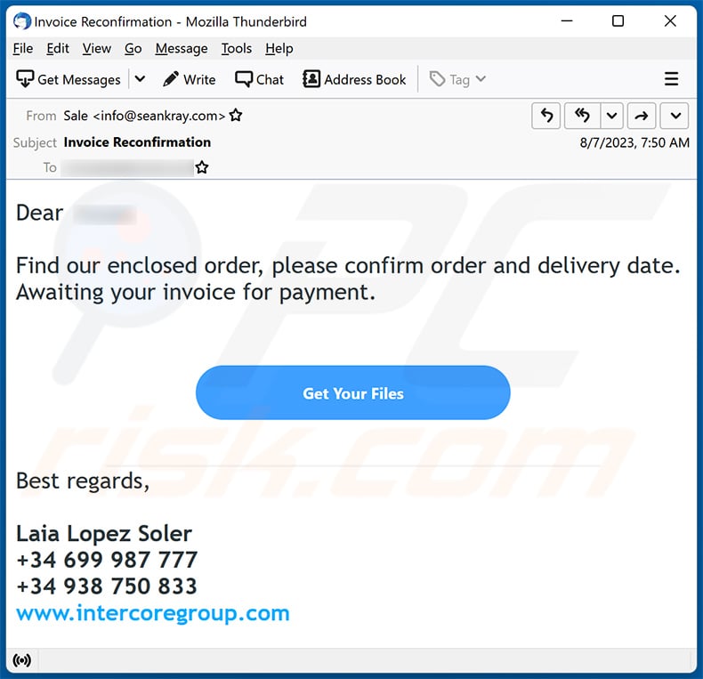Order Confirmation email scam (2023-08-11)