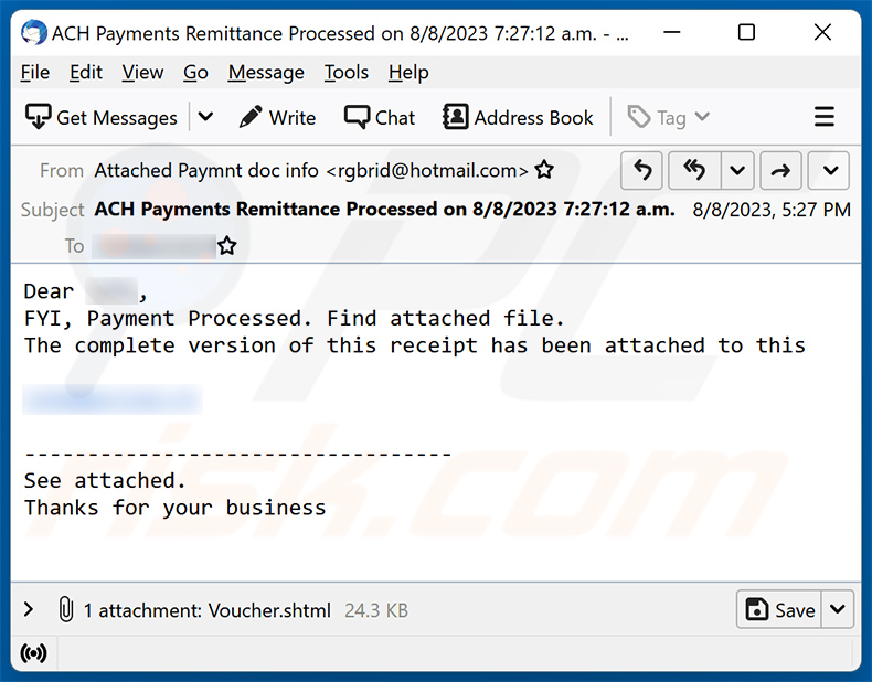 Payment Processed email scam (2023-08-11)
