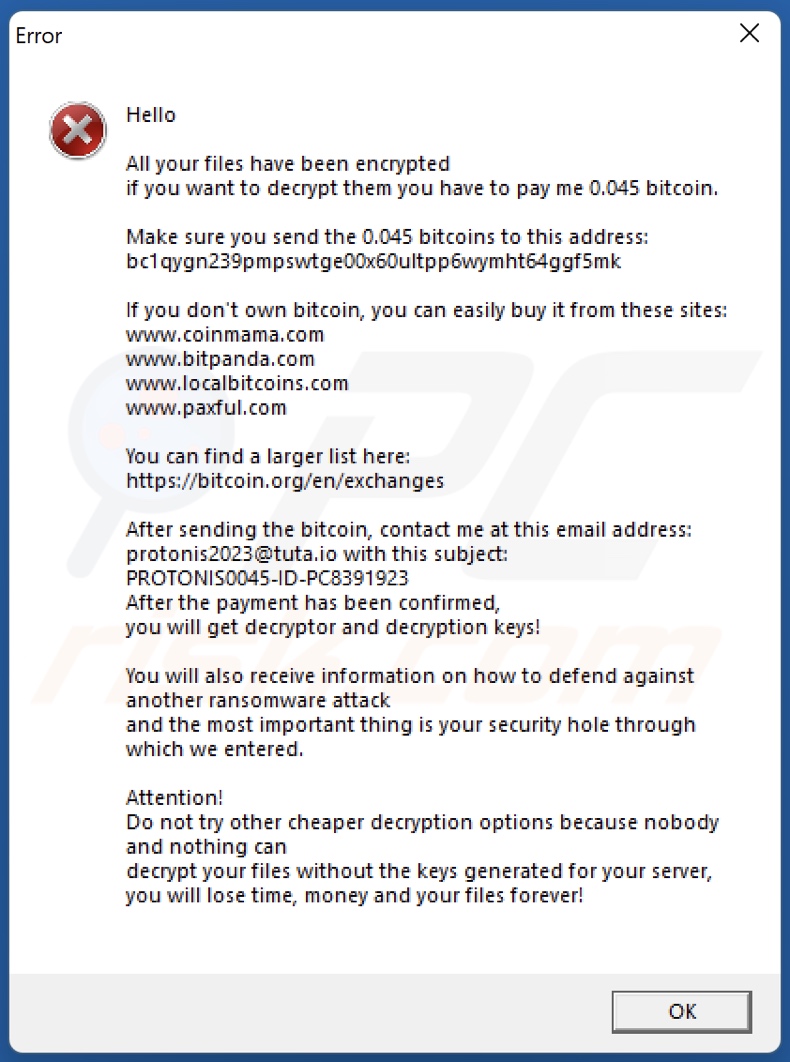 Proton (Xorist) ransomware ransom note (pop-up)