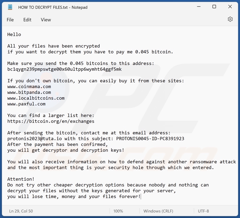 Proton (Xorist) ransomware text file (HOW TO DECRYPT FILES.txt)
