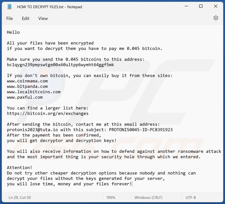 Proton (Xorist) ransomware text file (HOW TO DECRYPT FILES.txt)